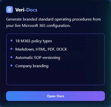Dashboard card for Veri-Docs showing the branded SOP tagline (generate branded standard operating procedures from your live Microsoft 365 configuration), no tier badge (Veri-Docs is Starter-tier with no gate), and four feature bullets (18 M365 policy types, Markdown/HTML/PDF/DOCX, automatic SOP versioning, company branding)