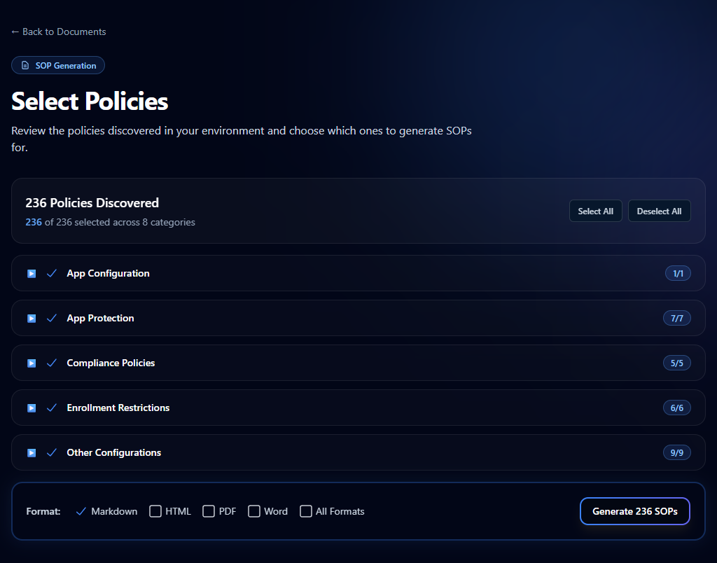 Select Policies page at /docs/inventory/[jobId] with H1 'Select Policies', a description (review the policies discovered in your environment), the headline '236 Policies Discovered — 236 of 236 selected across 8 categories', Select All / Deselect All buttons, five collapsed category rows (App Configuration 1/1, App Protection 7/7, Compliance Policies 5/5, Enrollment Restrictions 6/6, Other Configurations 9/9), and a sticky footer with Format selector (Markdown selected, HTML/PDF/Word/All Formats checkboxes) and a 'Generate 236 SOPs' primary CTA