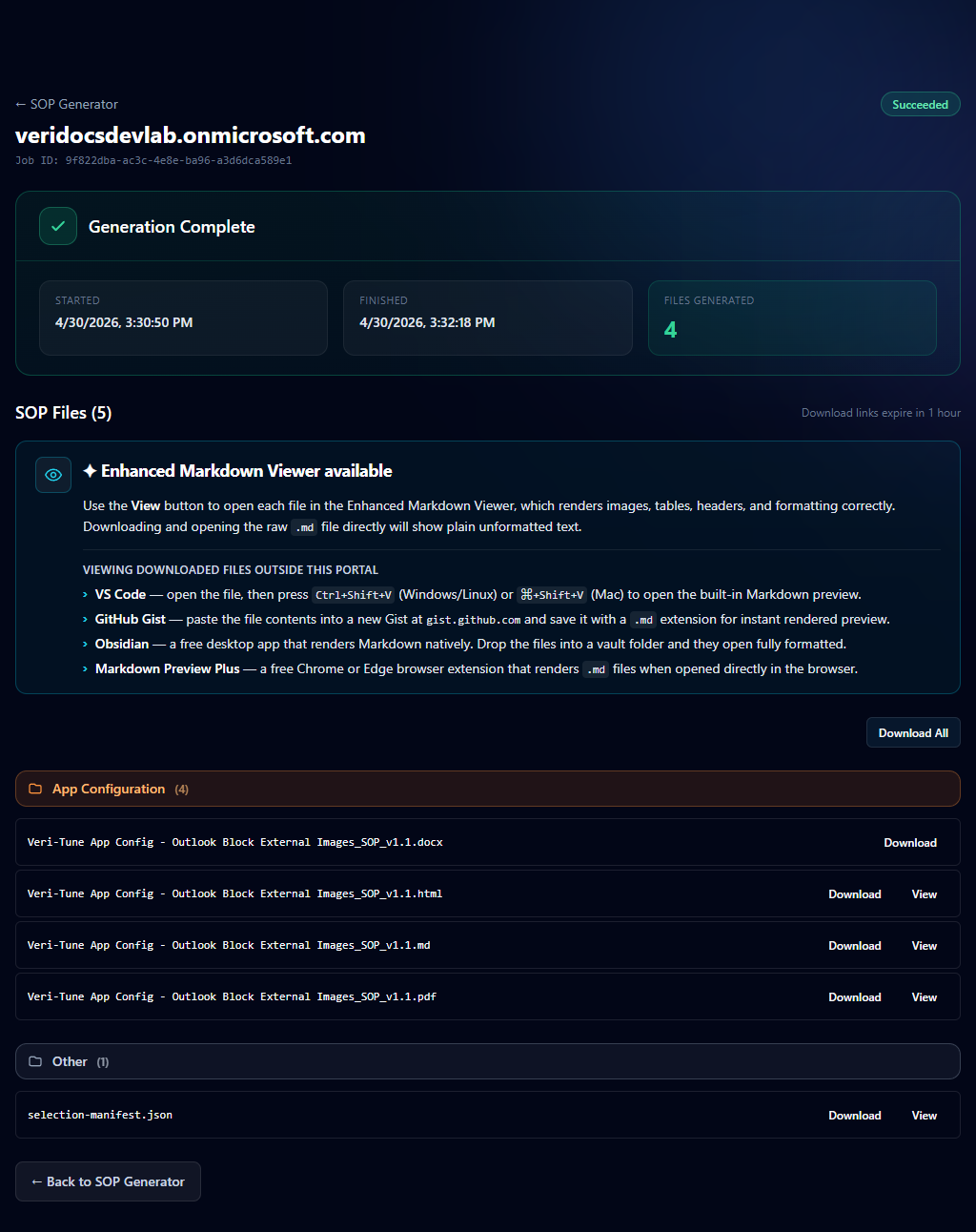 SOP Generation job detail page showing the tenant H1 'veridocsdevlab.onmicrosoft.com', a Generation Complete chip with three timestamp / count metrics, an 'SOP Files (5)' section header, an Enhanced Markdown Viewer informational panel explaining viewing options (VS Code, GitHub Gist, Obsidian, Markdown Preview Plus), a Download All button, and the first three file rows (App Configuration, two visible Veri-Tune App Config rows) with Download buttons