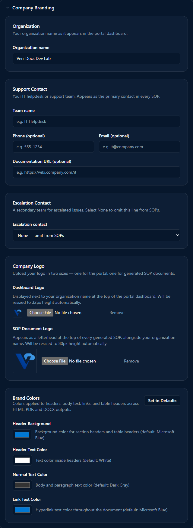 Settings page Company Branding section expanded showing five sub-sections: Organization (org name field), Support Contact (team name + phone + email + documentation URL), Escalation Contact (None / Custom dropdown), Company Logo (Dashboard Logo and SOP Document Logo upload slots with file pickers and Remove buttons), and Brand Colors (Header Background, Header Text Color, Normal Text Color, Link Text Color color pickers with default Microsoft Blue palette)
