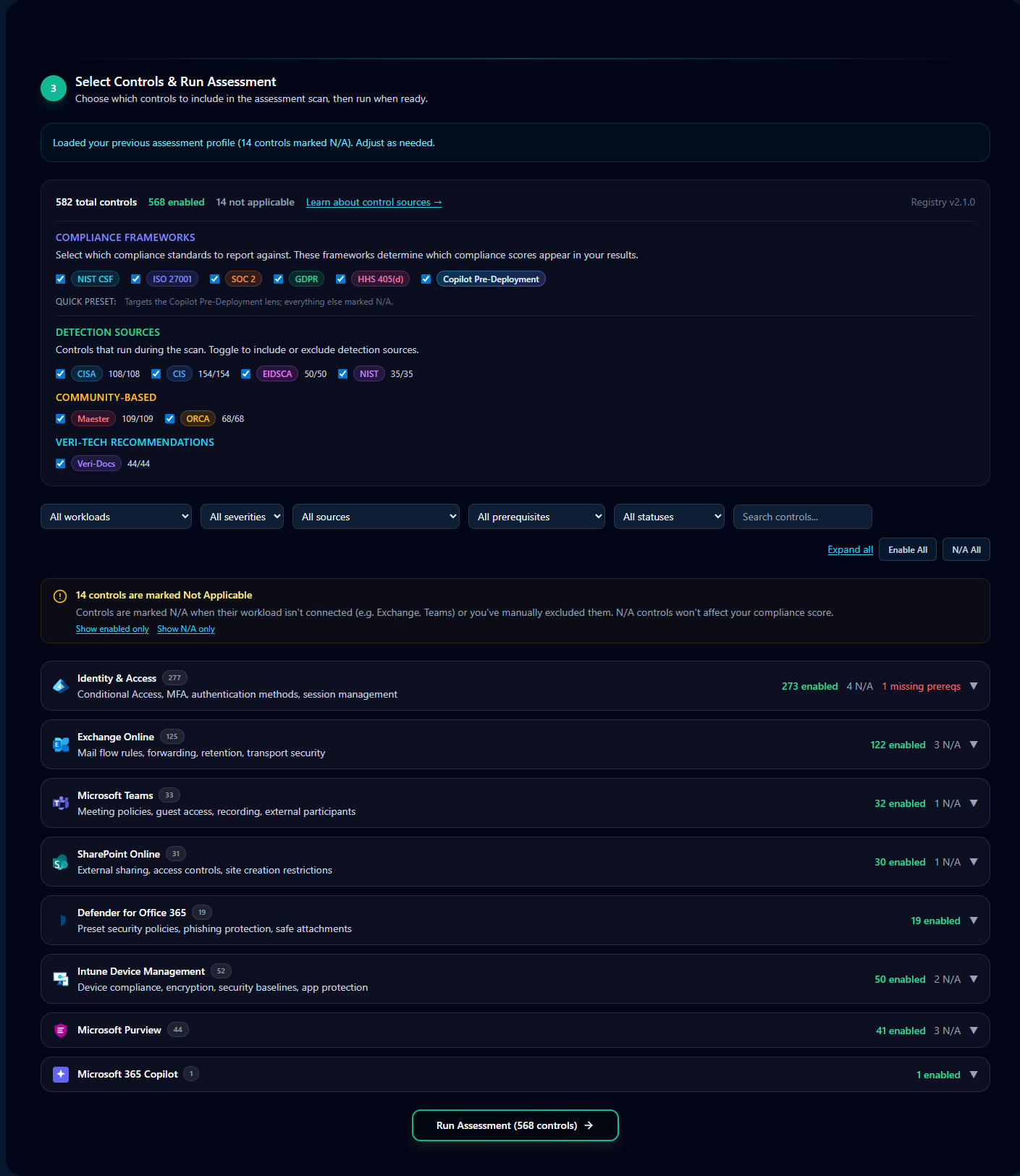 Assessment configurator showing scope selection, framework filters, and severity thresholds