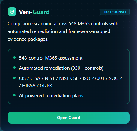 Dashboard card for Veri-Guard showing the Compliance Automation Engine tagline and a Professional+ tier badge