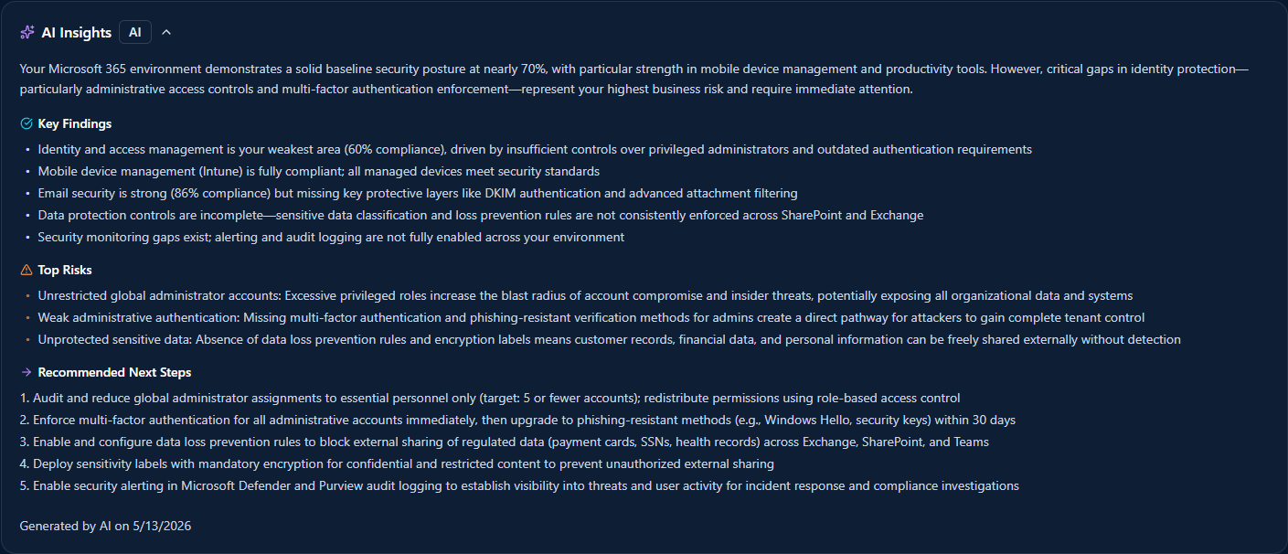 AI Insights section with Key Findings, Top Risks, and Recommended Next Steps generated from the scan