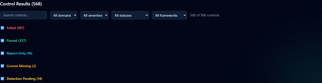 Control-level results table showing per-control pass/fail, severity, mapped framework chips, and the Open drawer link