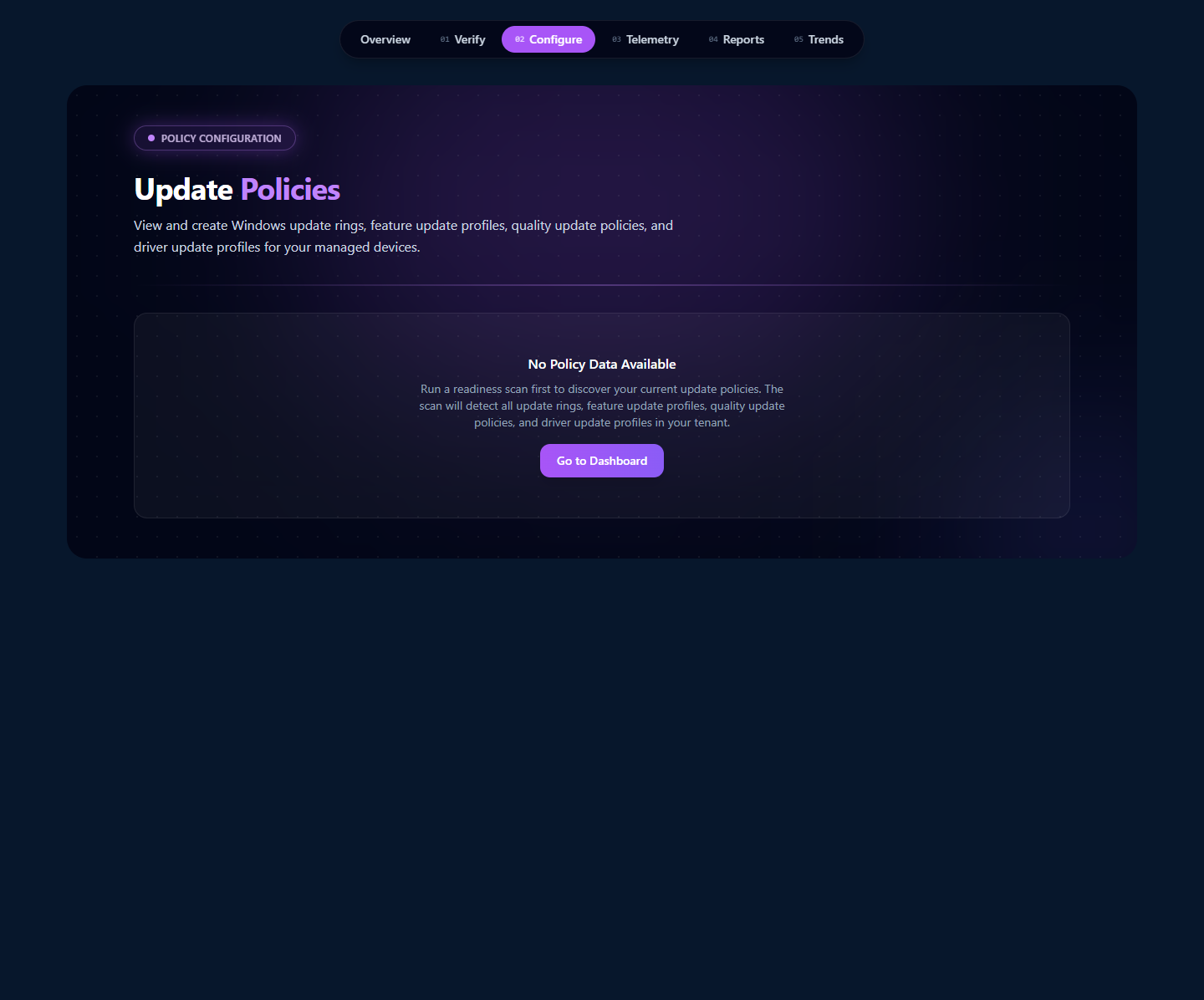 Update Policies page at /patch/configure showing the H1 'Update Policies', tab strip with Configure active, and a 'No Policy Data Available' empty-state card pointing the user back to /patch/prerequisites to run a prerequisite check first