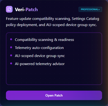 Dashboard card for Veri-Patch showing the Update Intelligence tagline (feature update compatibility scanning, Settings Catalog policy deployment, AU-scoped device group sync), a PROFESSIONAL+ tier badge, and four feature bullets