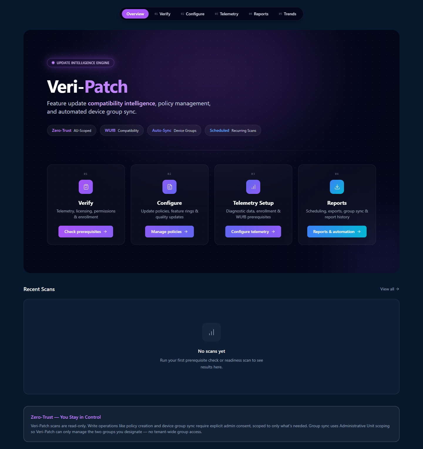 Veri-Patch overview at /patch showing the tab strip (Overview, Verify, Configure, Telemetry, Reports, Trends), Update Intelligence Engine hero with the Veri-Patch H1 and four stat chips, four step cards (Verify, Configure, Telemetry Setup, Reports), an empty Recent Scans panel, and the Zero-Trust advisory banner