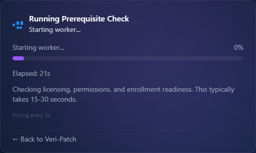 In-flight prerequisite scan panel showing 'Running Prerequisite Check', 'Starting worker...', 0% progress, elapsed time, and 'This typically takes 15-30 seconds'