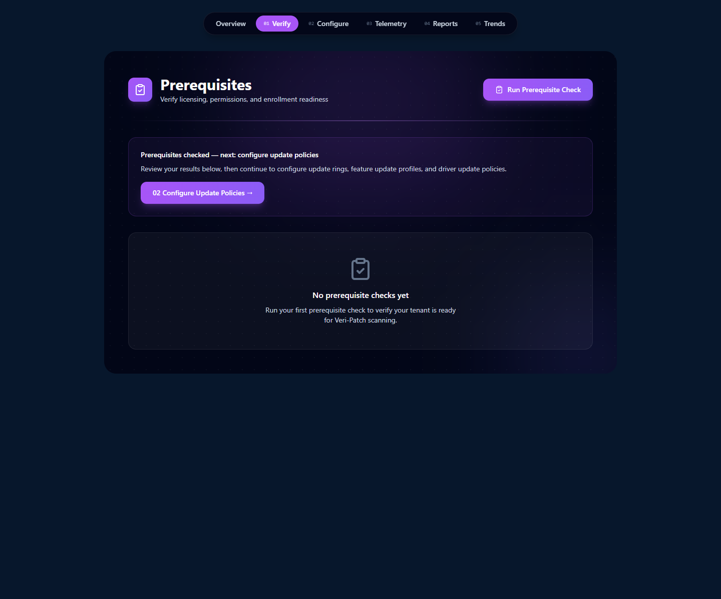 Prerequisites page at /patch/prerequisites with the Verify tab active, page hero with Run Prerequisite Check CTA, Prerequisites Checked next-step advisory, and the No prerequisite checks yet empty-state card