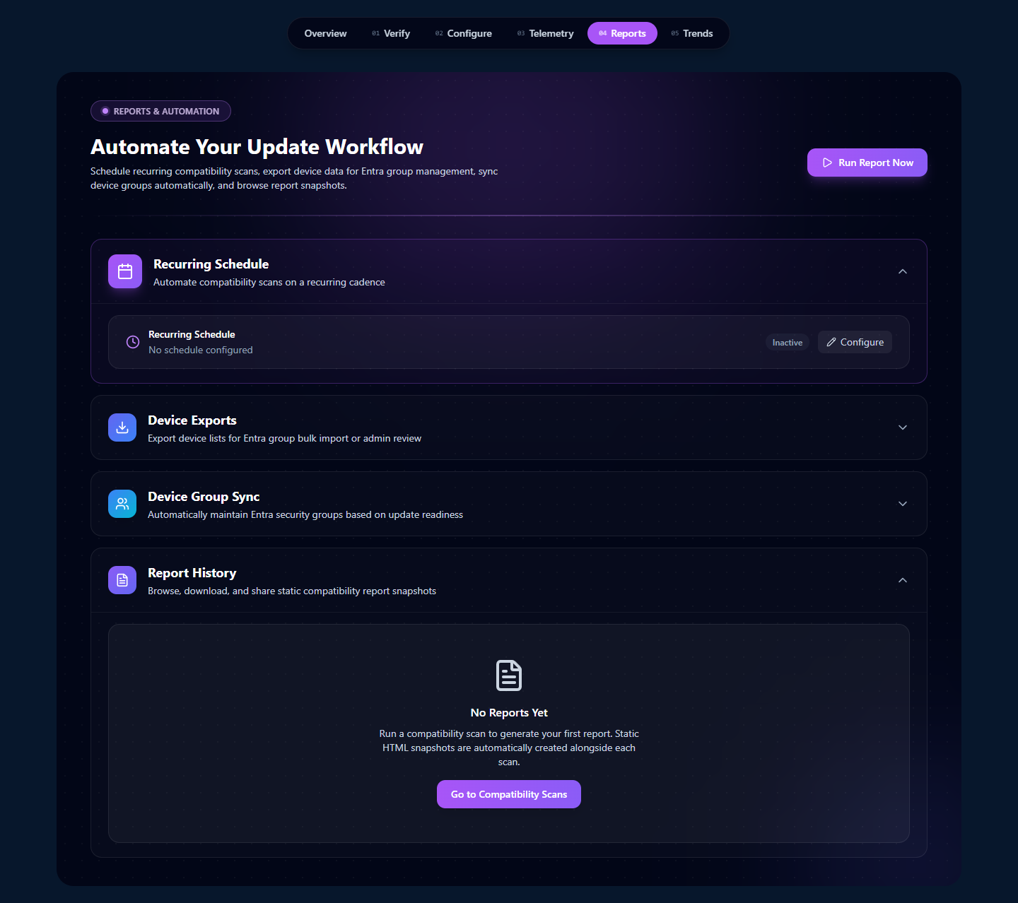 Reports page at /patch/reports with H1 'Automate Your Update Workflow' and four sections: Recurring Schedule, Device Exports, Device Group Sync, and Report History (empty state)