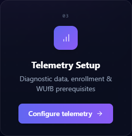 Step 03 card on the Veri-Patch overview: Telemetry Setup — Diagnostic data, enrollment & WUfB prerequisites — Configure telemetry CTA