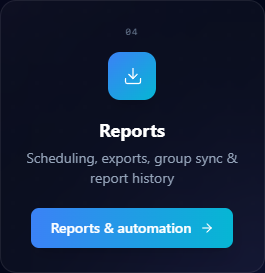 Step 04 card on the Veri-Patch overview: Reports — Scheduling, exports, group sync & report history — Reports & automation CTA