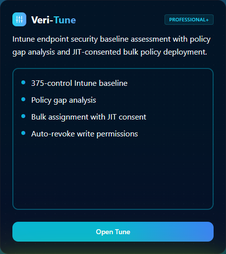 Dashboard card for Veri-Tune showing the Intune endpoint security baseline assessment tagline and a Professional+ tier badge