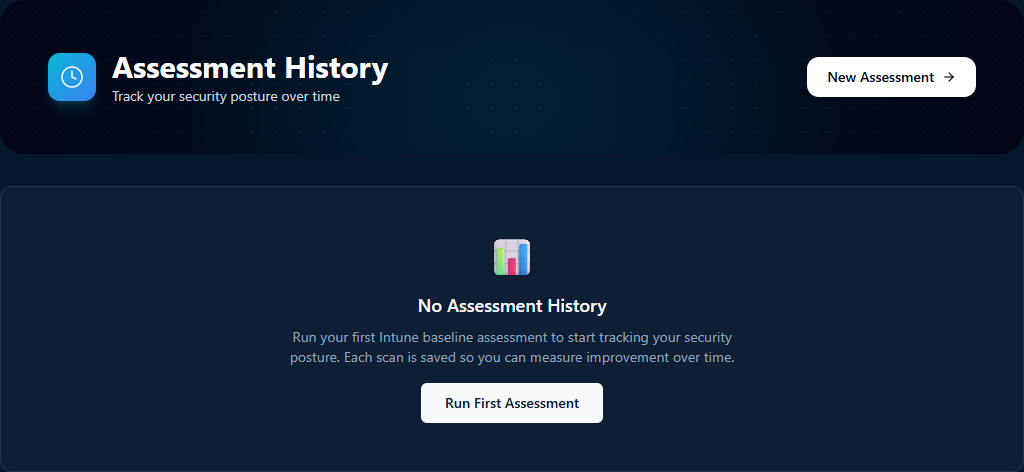 Assessment History page in empty state with the Run First Assessment CTA