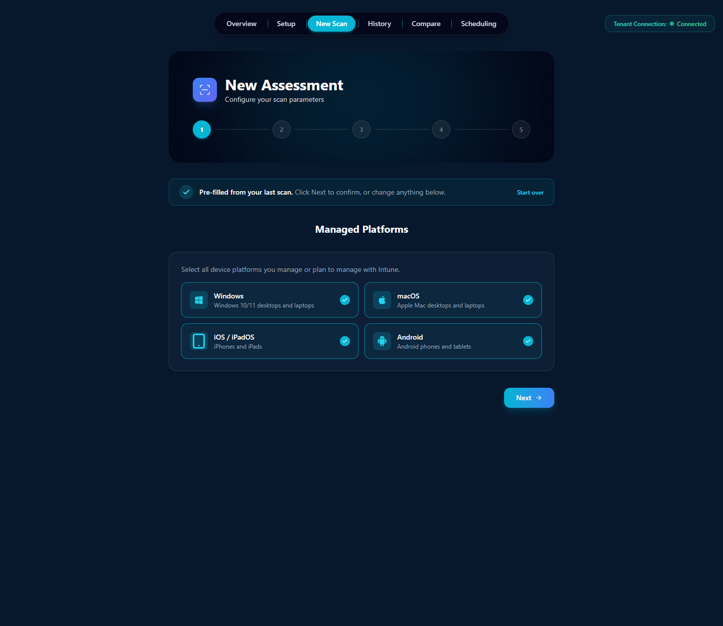 New Assessment wizard step 1 Managed Platforms with checkboxes for Windows, macOS, iOS / iPadOS, and Android
