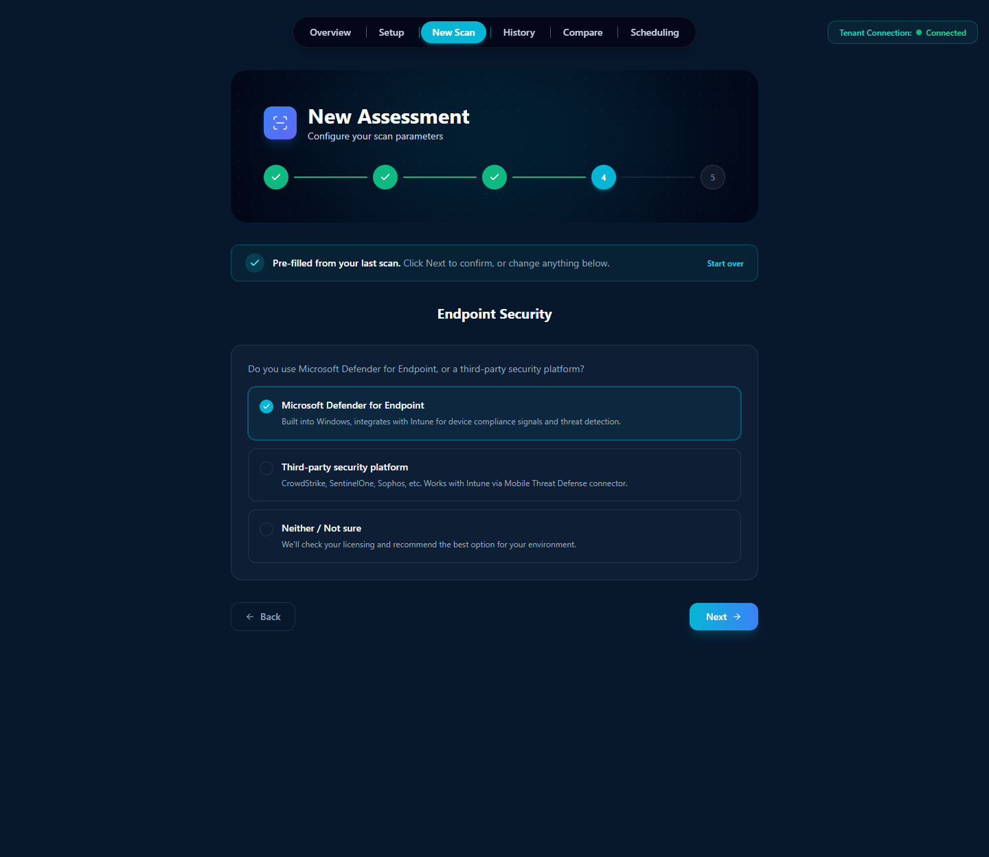 New Assessment wizard step 4 Endpoint Security with three options: Microsoft Defender for Endpoint, Third-party security platform, Neither / Not sure