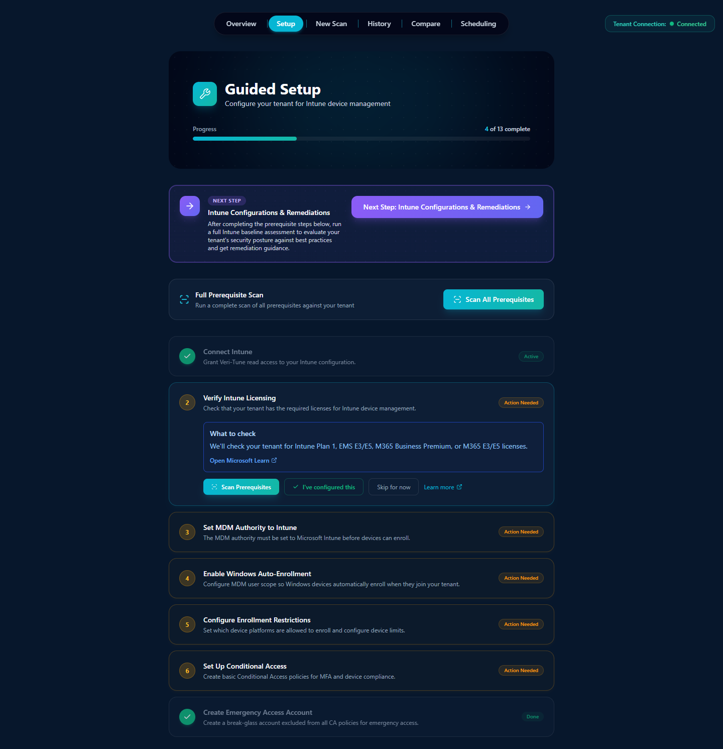 Guided Setup page at /tune/setup with progress counter, Next Step callout, Full Prerequisite Scan CTA, and the first six prerequisite steps (Connect Intune, Verify Intune Licensing, Set MDM Authority, Enable Windows Auto-Enrollment, Configure Enrollment Restrictions, Set Up Conditional Access)
