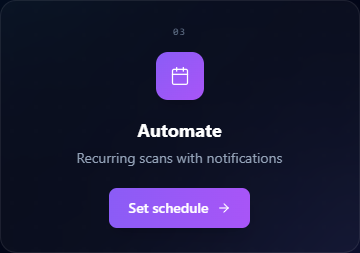 Step 03 card on the Veri-Tune overview: Recurring scans with notifications