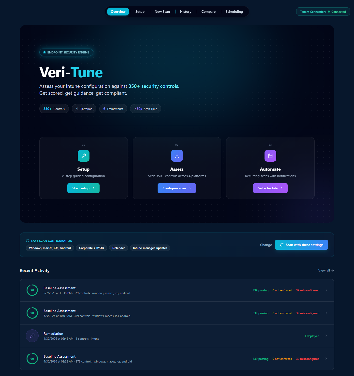Veri-Tune overview at /tune showing the tab strip, Veri-Tune hero with four stat chips, three step cards Setup/Assess/Automate, Last Scan Configuration row, and Recent Activity panel