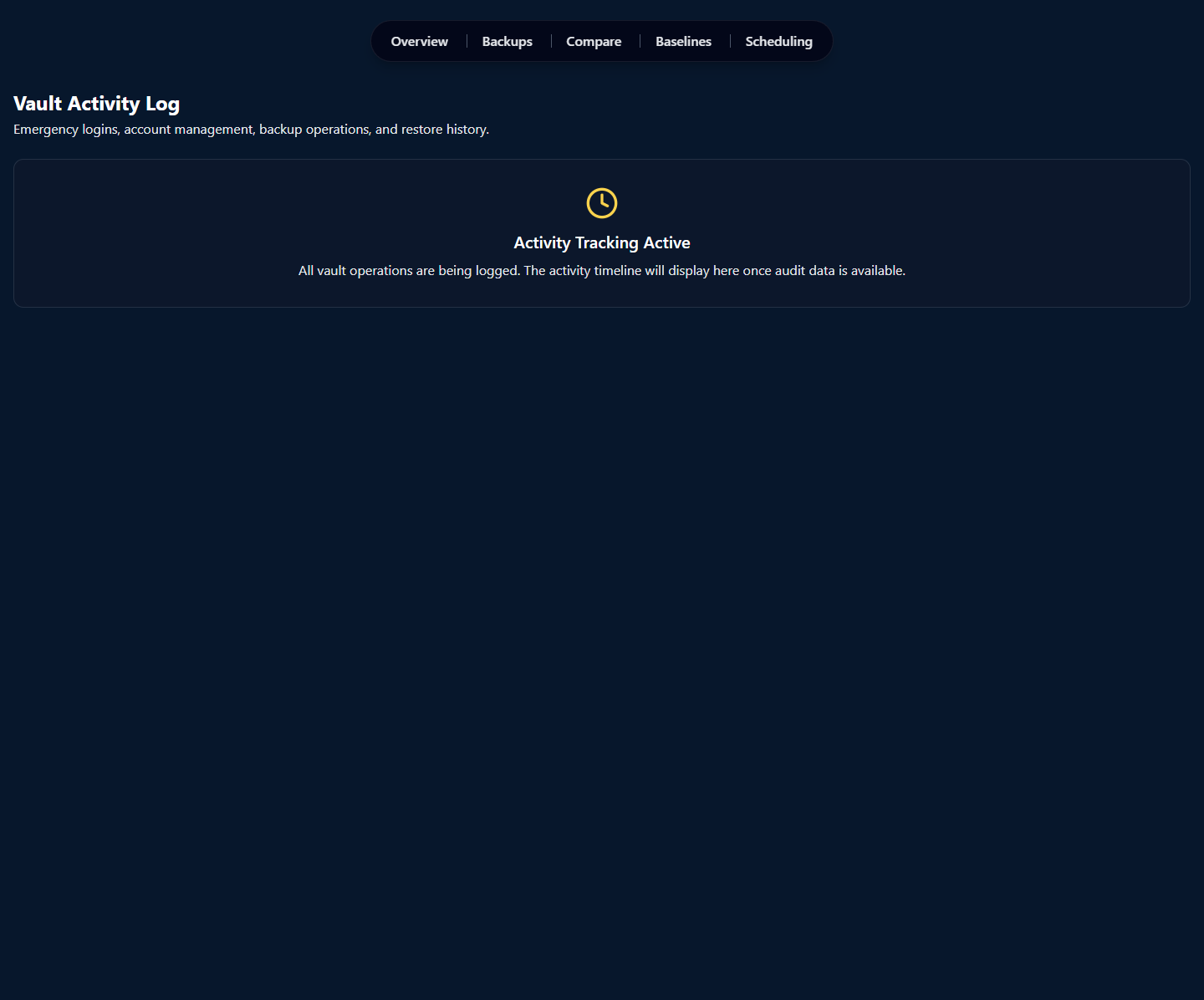 Vault Activity Log page at /vault/activity with H1 'Vault Activity Log' and a 'Activity Tracking Active' confirmation panel