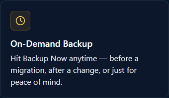 On-Demand Backup workflow card on the /vault overview