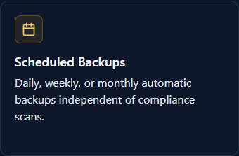 Scheduled Backups workflow card on the /vault overview