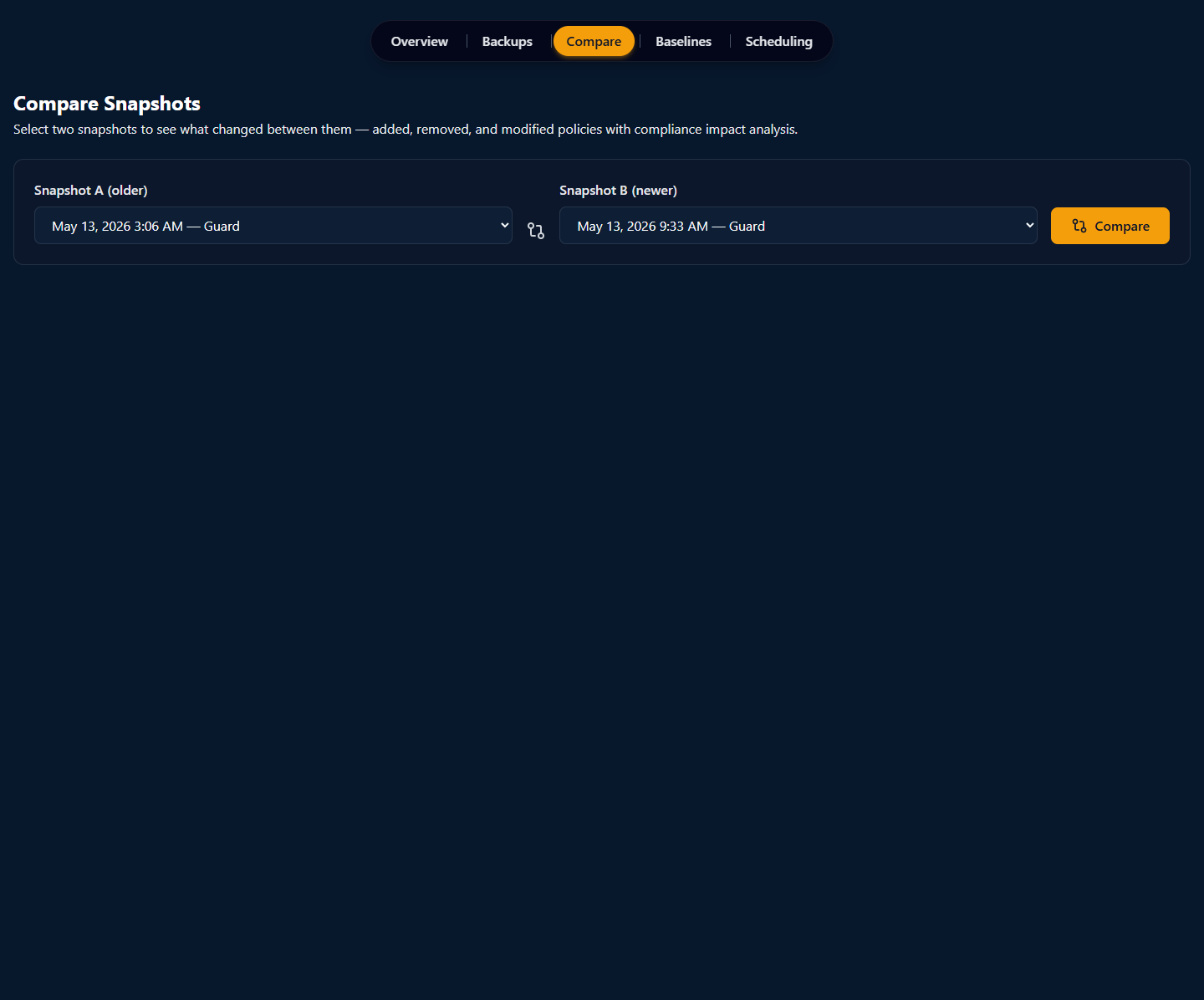 Compare Snapshots page at /vault/compare with H1 'Compare Snapshots', the Veri-Vault tab strip (Overview, Backups, Compare active, Baselines, Scheduling), and the selector UI for choosing two snapshots