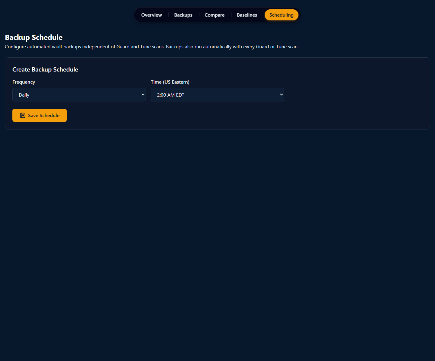 Backup Schedule page at /vault/scheduling with H1 'Backup Schedule', the tab strip (Scheduling tab active), and a 'Create Backup Schedule' configuration card